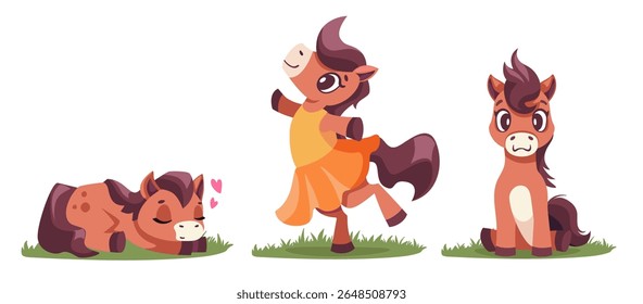 Cute horse Character Vector Set. Funny horse in various poses for New Year and Sale banners. Happy, jumping, resting, sleeping. Chinese Zodiac Lunar New Year 2026 illustration