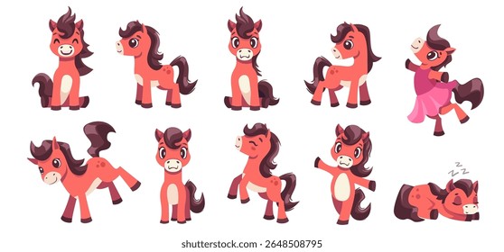 Cute horse Character Vector Set. Funny horse in various poses for New Year and Sale banners. Happy, jumping, resting, sleeping. Chinese Zodiac Lunar New Year 2026 illustration
