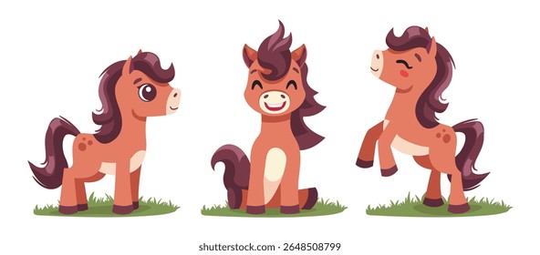 Cute horse Character Vector Set. Funny horse in various poses for New Year and Sale banners. Happy, jumping, resting, sleeping. Chinese Zodiac Lunar New Year 2026 illustration