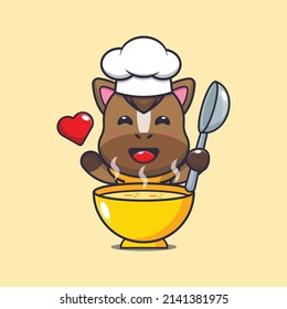 cute horse chef mascot cartoon character with soup