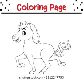 Cute horse coloring page for kids. Black and white vector illustration for coloring book