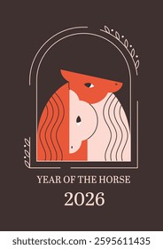 Cute horse couple. Print design with animal for greeting cards, posters, banners. Year of the Horse. Vector illustration in flat style