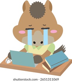 Cute Horse Crying While Working Hard on a Laptop with Books