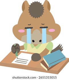 Cute Horse Crying While Writing on Paper at Desk