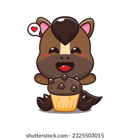 cute horse with cup cake cartoon vector illustration.