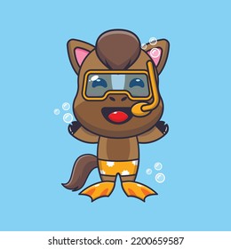 Cute horse diving cartoon mascot character illustration.