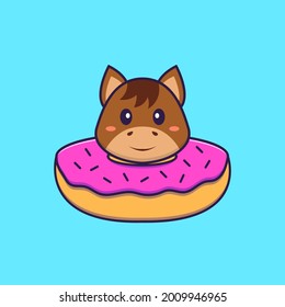 Cute horse with a donut on his neck. Animal cartoon concept isolated. Can used for t-shirt, greeting card, invitation card or mascot.