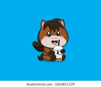 Cute Horse Drink Boba Vector Design
