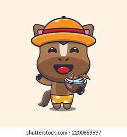 Cute horse drink coconut cartoon illustration.