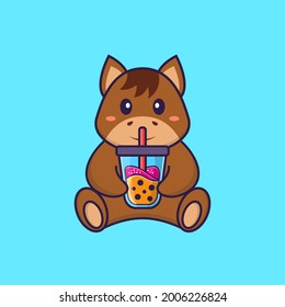 Cute horse Drinking Boba milk tea. Animal cartoon concept isolated. Can used for t-shirt, greeting card, invitation card or mascot.