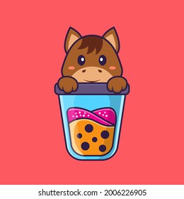 Cute horse Drinking Boba milk tea. Animal cartoon concept isolated. Can used for t-shirt, greeting card, invitation card or mascot.