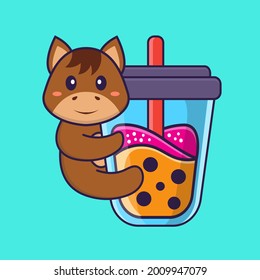 Cute horse Drinking Boba milk tea. Animal cartoon concept isolated. Can used for t-shirt, greeting card, invitation card or mascot.