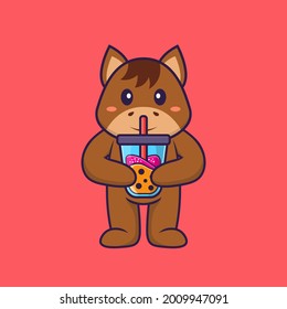 Cute horse Drinking Boba milk tea. Animal cartoon concept isolated. Can used for t-shirt, greeting card, invitation card or mascot.