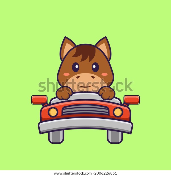 Cute\
horse is driving. Animal cartoon concept isolated. Can used for\
t-shirt, greeting card, invitation card or\
mascot.
