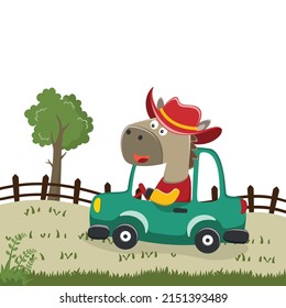 Cute horse driving a car go to forest funny animal cartoon. Creative vector childish background for fabric, textile, nursery wallpaper, poster, card, brochure. and other decoration.