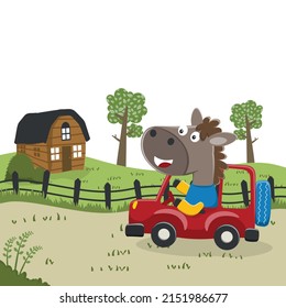 Cute horse driving a car go to forest funny animal cartoon. Creative vector childish background for fabric, textile, nursery wallpaper, poster, card, brochure. and other decoration.