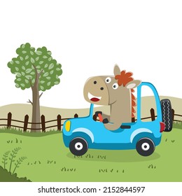 Cute horse driving a car go to forest funny animal cartoon. Creative vector childish background for fabric, textile, nursery wallpaper, poster, card, brochure. and other decoration.
