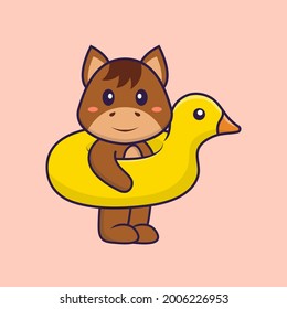 Cute horse With Duck buoy. Animal cartoon concept isolated. Can used for t-shirt, greeting card, invitation card or mascot.