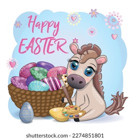 Cute horse with an Easter egg. Easter character and postcard.