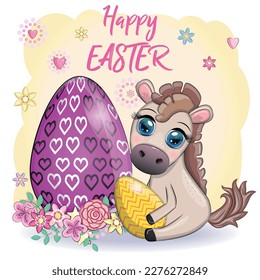 Cute horse with an Easter egg. Easter character and postcard.