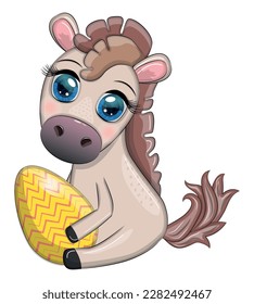 Cute horse with an Easter egg. Easter character and postcard.