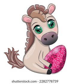Cute horse with an Easter egg. Easter character and postcard.