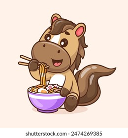 Cute Horse Eating Ramen Noodle With Chopstick Cartoon Vector Icon Illustration. Animal Food Icon Concept Isolated Premium Vector. Flat Cartoon Style