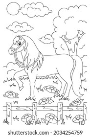 Caballo. Animales de granja. Colorando la página del libro para los niños. Estilo de caricatura. Ilustración vectorial aislada en fondo blanco.