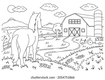 Cute horse. Farm animal. Coloring book page for kids. Cartoon style. Vector illustration isolated on white background.