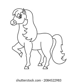 Cute horse. Farm animal. Coloring book page for kids. Cartoon style. Vector illustration isolated on white background.