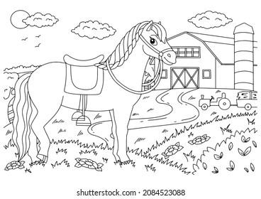 Caballo. Animales de granja. Colorando la página del libro para los niños. Estilo de caricatura. Ilustración vectorial aislada en fondo blanco.