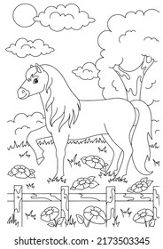 Cute horse. Farm animal. Coloring book page for kids. Cartoon style. Vector illustration isolated on white background.