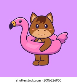 Cute horse With flamingo buoy. Animal cartoon concept isolated. Can used for t-shirt, greeting card, invitation card or mascot.