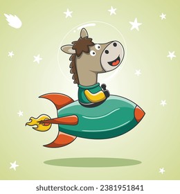 cute horse flies to the moon on a rocket. Cute cartoon character for children. Doodle animal. Space theme. Vector illustration.