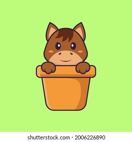 Cute horse in a flower vase. Animal cartoon concept isolated. Can used for t-shirt, greeting card, invitation card or mascot. Flat Cartoon Style