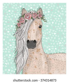 cute horse with flowers fairytale background