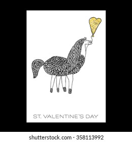 Cute horse with gold glitter and a shape of a heart. Design for Valentine card.