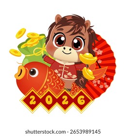 Cute horse with gold ingot and koi fish celebrating Chinese new year 2026