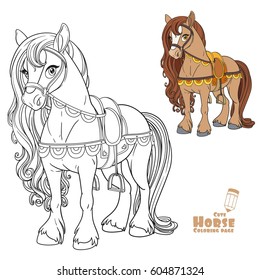 Cute horse harnessed to a saddle color and outlined picture for coloring book on white background