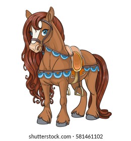 Cute horse harnessed to a saddle isolated on a white background