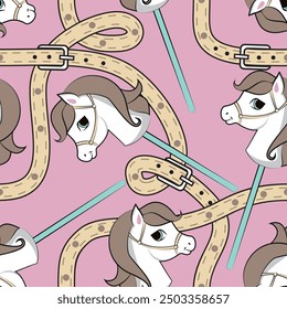 Cute horse head on a stick. Hobby horse. Seamless pattern. Vector illustration.