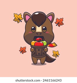 Cute horse holding a apple in wood bucket. Mascot cartoon vector illustration suitable for poster, brochure, web, mascot, sticker, logo and icon.