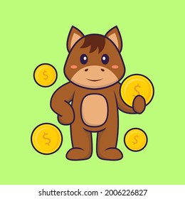 Cute horse holding coin. Animal cartoon concept isolated. Can used for t-shirt, greeting card, invitation card or mascot.