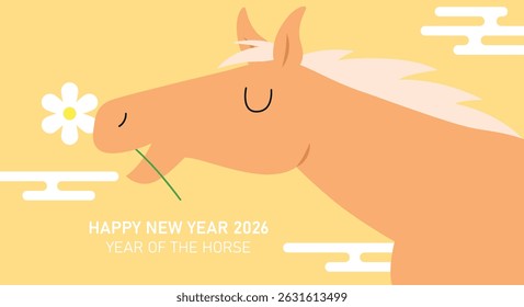 Cute horse holding a flower in its mouth. Happy new year of the horse 2026 vector greeting card illustration.
