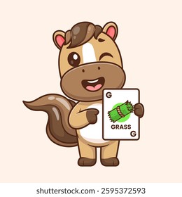 Cute Horse Holding Grass Card Game Cartoon Vector Icon Illustration. Animal Holiday Icon Concept Isolated Premium Vector. Flat Cartoon Style