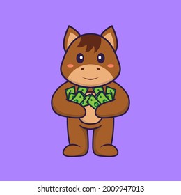 Cute horse holding money. Animal cartoon concept isolated. Can used for t-shirt, greeting card, invitation card or mascot.