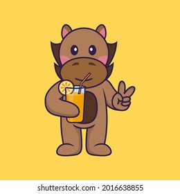 Cute horse holding orange juice in glass.