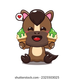 cute horse with ice cream cartoon vector illustration.