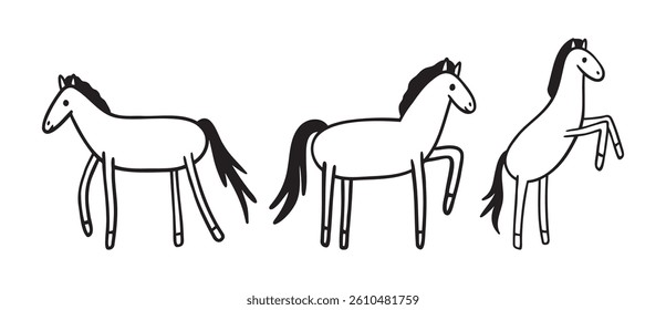 Cute horse for kids doodle hand drawn icon set. Outline drawing horse line clipart symbol collection. Vector illustration