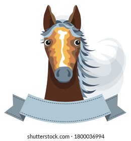 Cute Horse with Kind Eyes Label in Cartoon Style with Place for Text. Stock Vector illustration